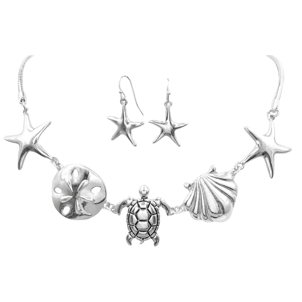 Sea Turtle Sand Dollar Starfish Silver  Tone Beach Theme Necklace Earrings Set